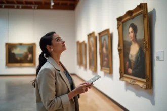 Femme contemplant des reproductions de peintures célèbres dans un musée d'art, tenant une carte de quiz culturel