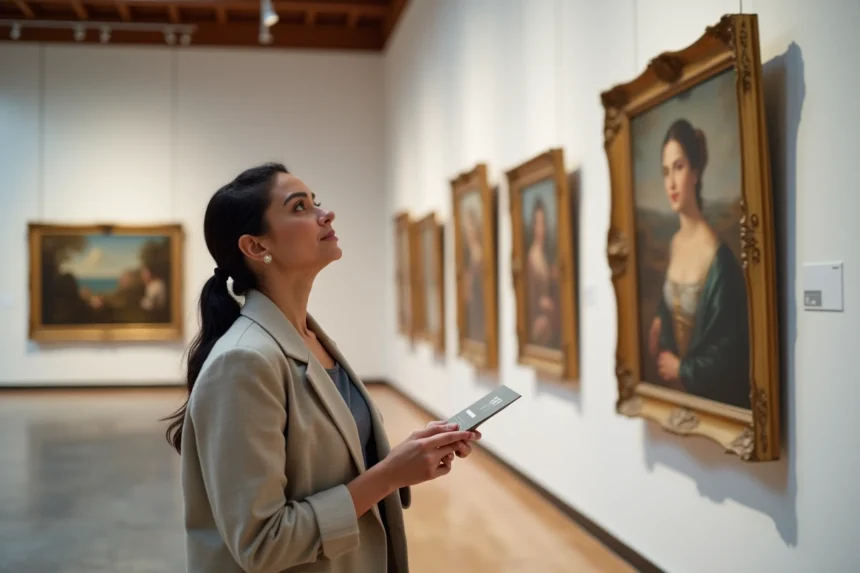 Femme contemplant des reproductions de peintures célèbres dans un musée d'art, tenant une carte de quiz culturel