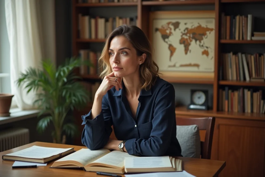 Femme pensive assise à un bureau entouré de livres et de notes, évoquant la recherche sur les origines et la vie personnelle