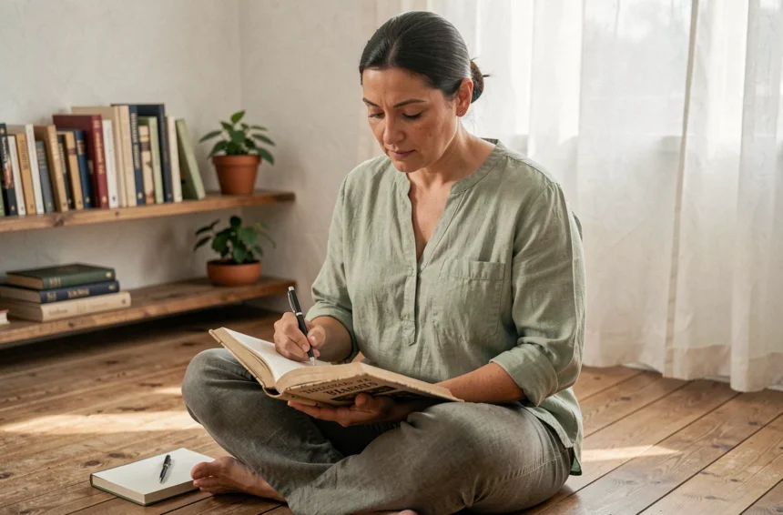 Femme concentrée cherchant un synonyme de mantra dans un dictionnaire des synonymes posé sur ses genoux, ambiance studieuse et minimaliste