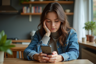 Jeune femme pensant avec smartphone dans la cuisine