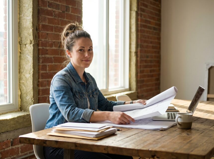 Femme consultant des plans pour des travaux de rénovation énergétique