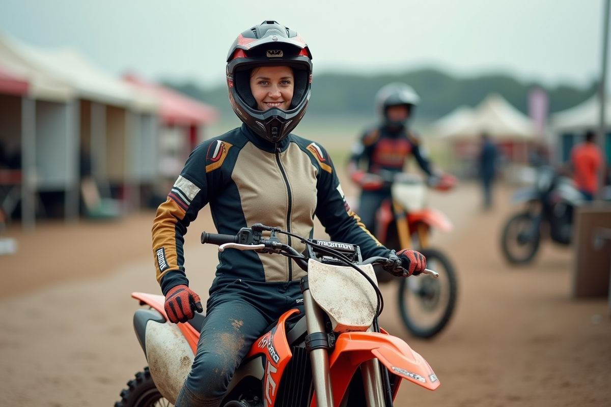 Femme pilote de motocross souriante dans la zone de course