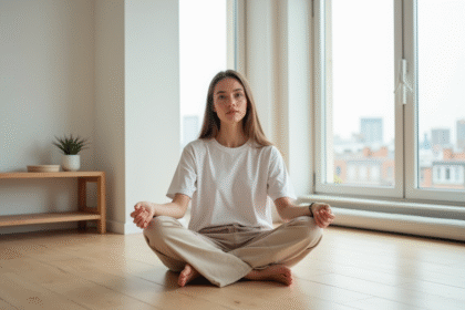 Jeune femme en blanc et beige dans un salon scandinave