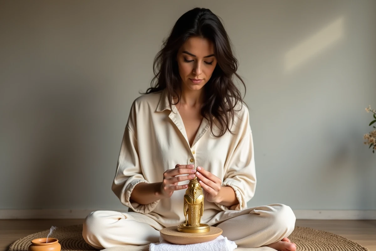 Femme plaçant un scarabée égyptien doré sur un autel de méditation en bois dans un intérieur zen