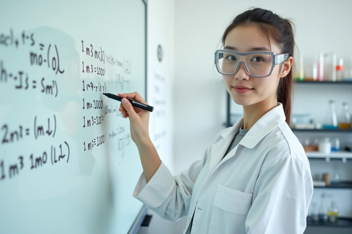 Femme scientifique expliquant la conversion d'un mètre cube en litres sur un tableau blanc de laboratoire