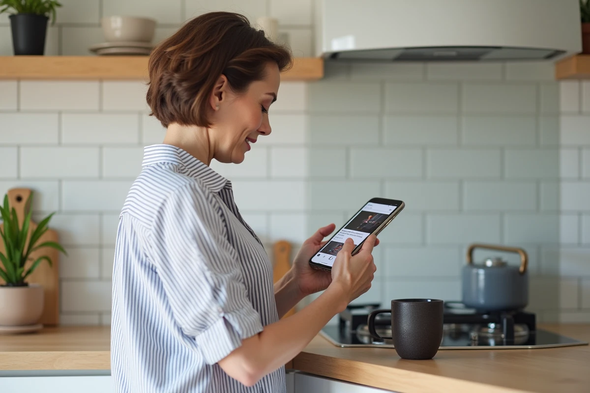 Femme recherchant des vidéos sur son smartphone dans une cuisine moderne, illustrant l'utilisation d'un magazine vidéo en ligne