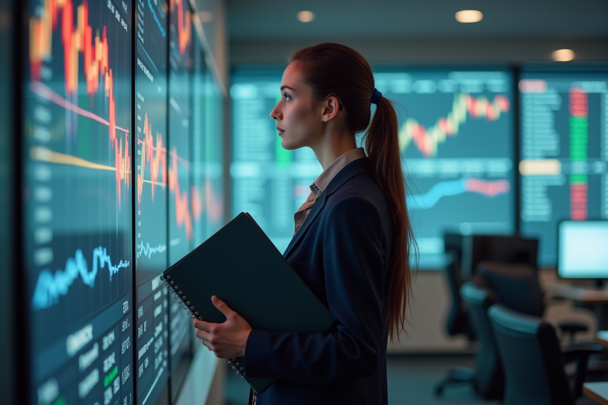 Jeune femme professionnelle observant un écran de marché en bureau moderne