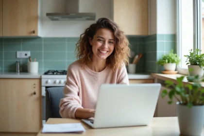 Femme souriante travaillant sur un ordinateur dans une cuisine lumineuse