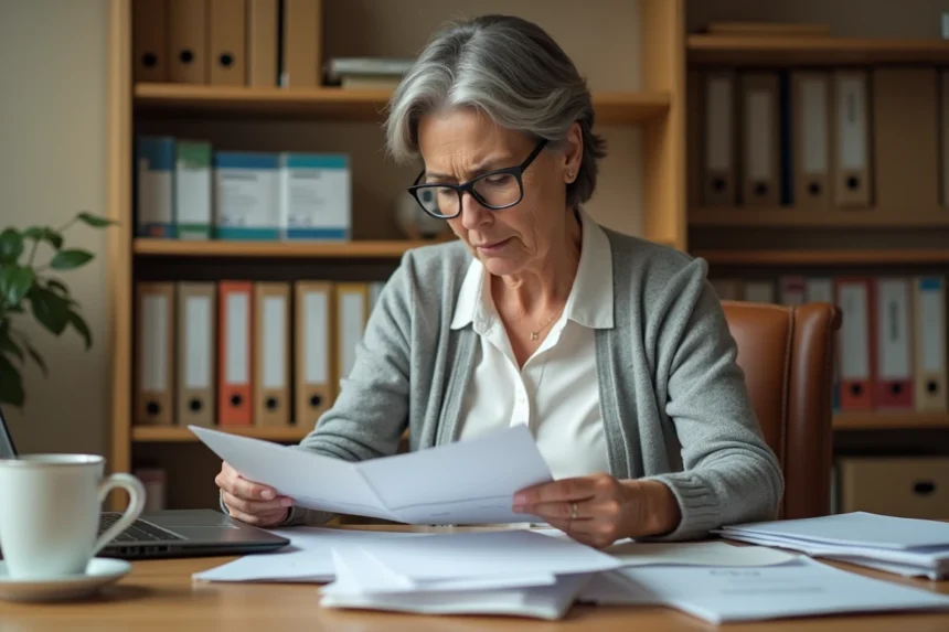 Femme triant des lettres administratives et consultant un document de tarification postale 2026 à son bureau à domicile