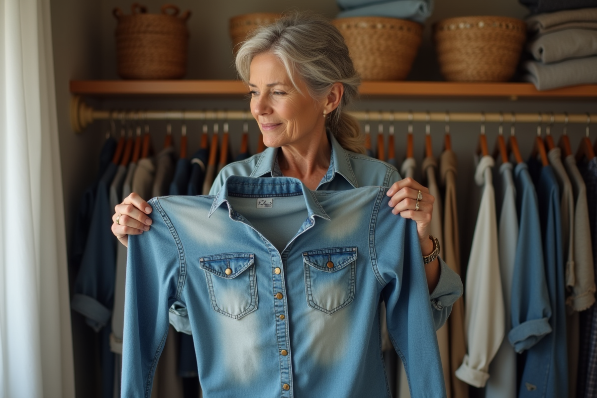 Femme triant une chemise en denim usée dans sa chambre