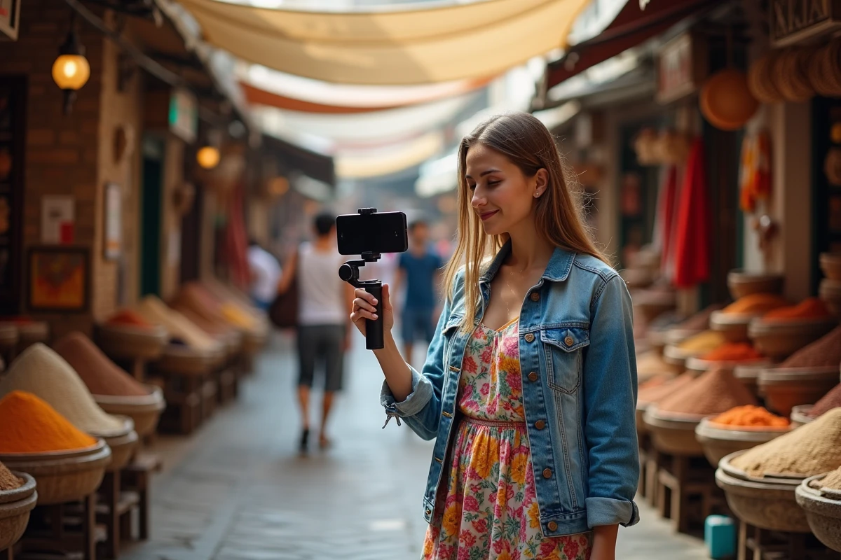 Jeune femme turque filmant du contenu vidéo pour les réseaux sociaux dans un marché traditionnel d'Istanbul