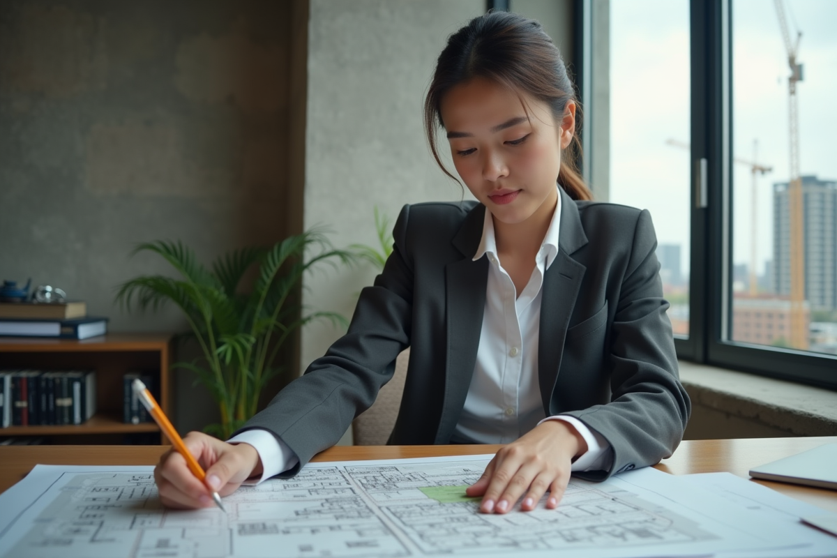Jeune femme en bureau étudie planification urbaine