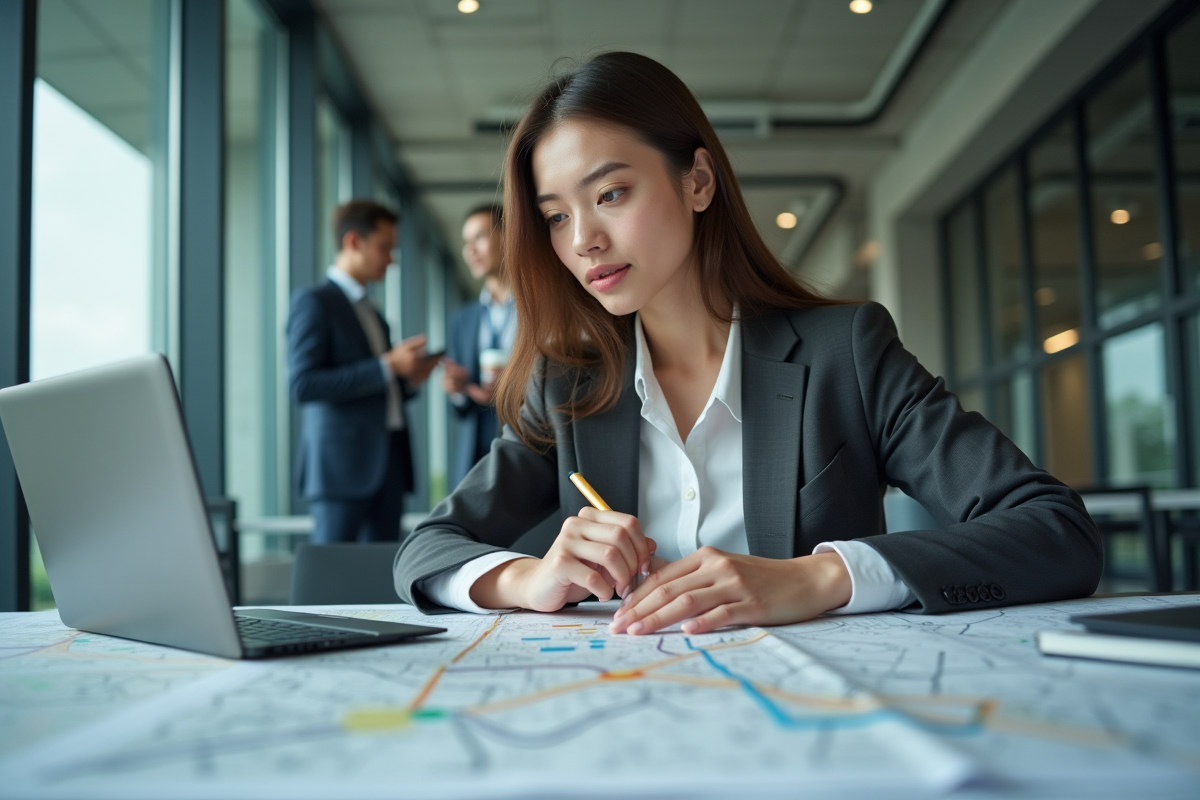Jeune femme planifiant avec cartes et tablette en intérieur