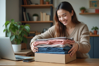Jeune femme souriante plie des vetements vintage dans un appartement lumineux
