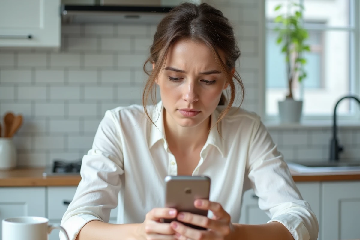 Femme vérifiant sur smartphone un site suspect de cadeaux Pokémon TCG Pocket avec une expression de méfiance