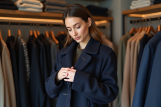 Femme inspectant la couture d'un manteau en laine bleu dans une boutique