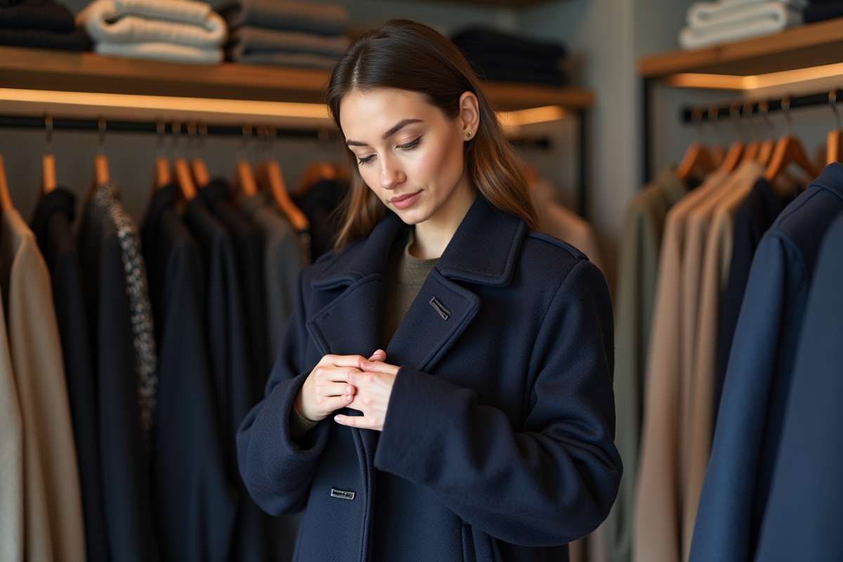 Femme inspectant la couture d'un manteau en laine bleu dans une boutique