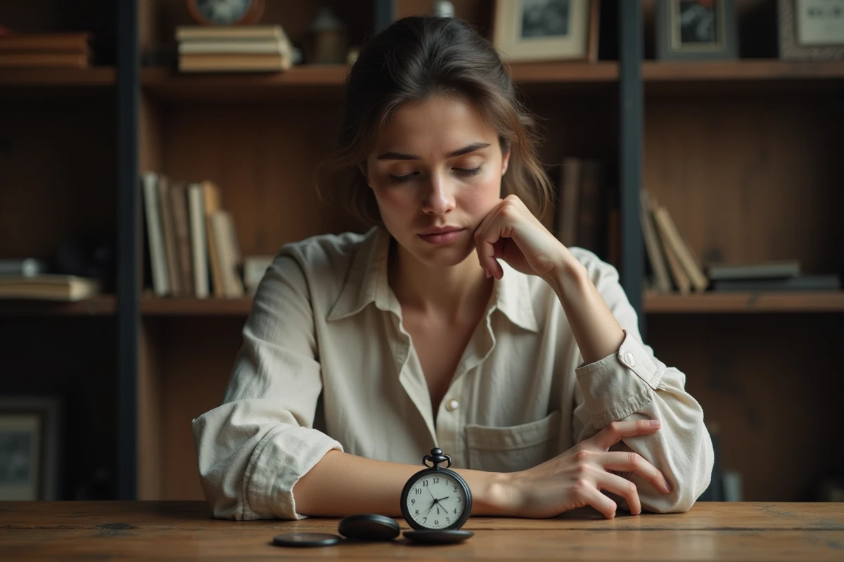 Femme contemplant un vieux montre dans un intérieur calme