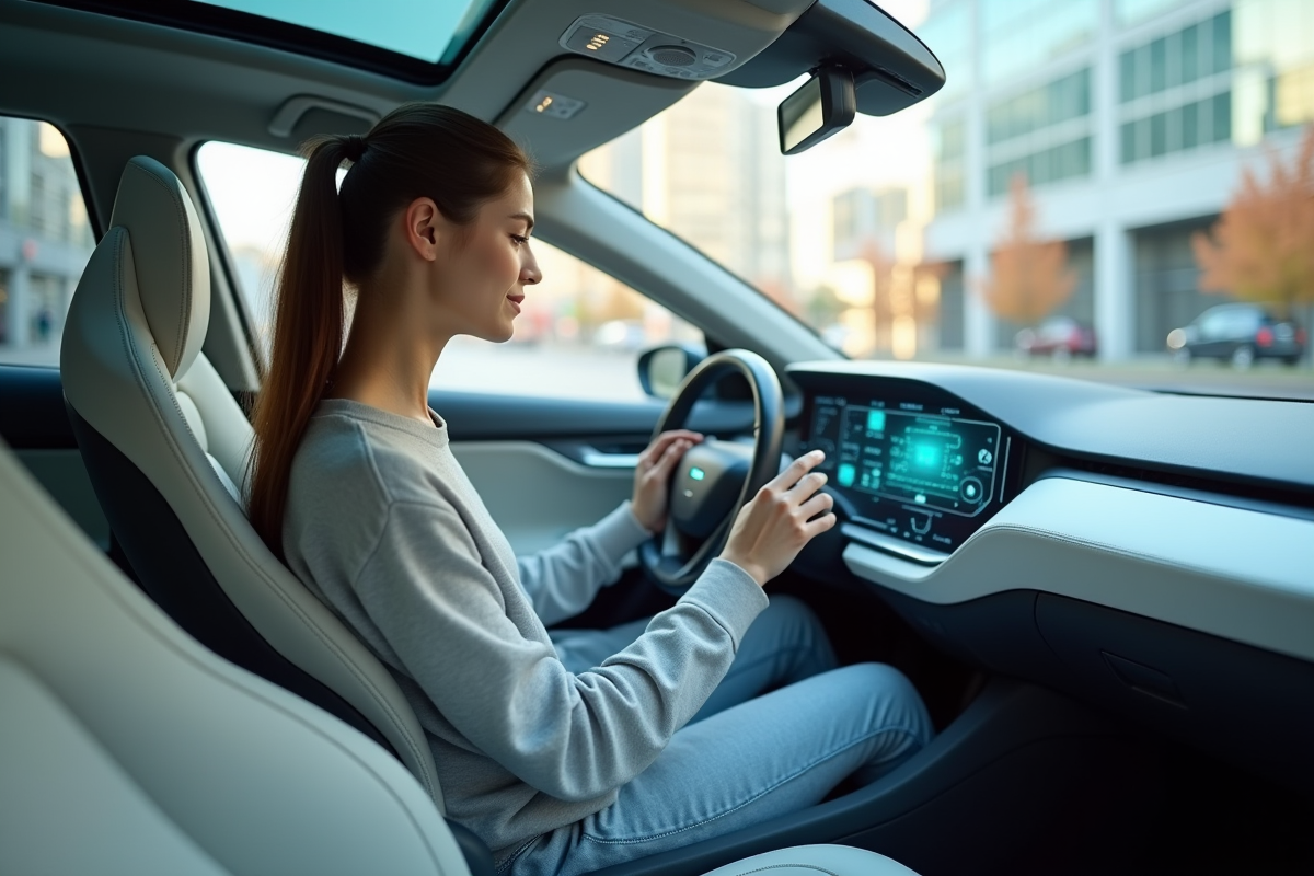 Jeune femme dans voiture autonome utilisant un tableau holographique