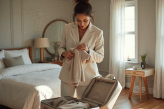Femme en capsule wardrobe plie un pull dans une chambre lumineuse