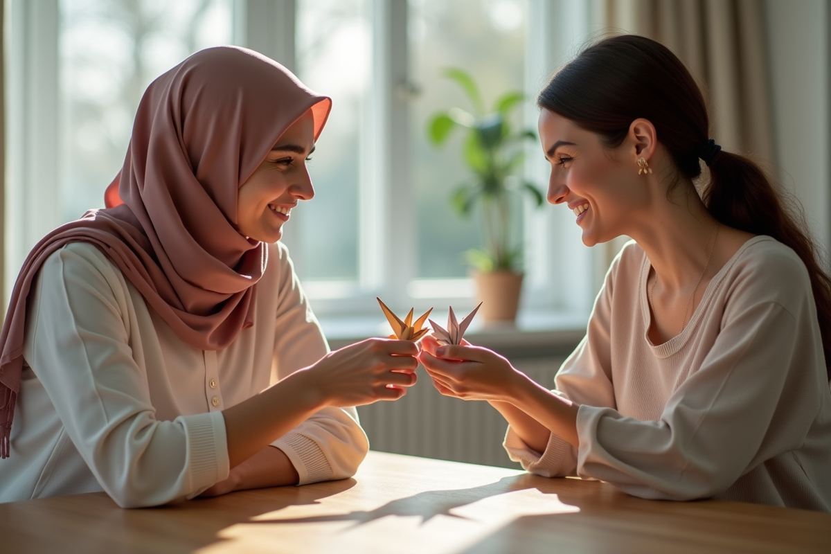 Deux femmes échangeant des origamis dans une salle lumineuse