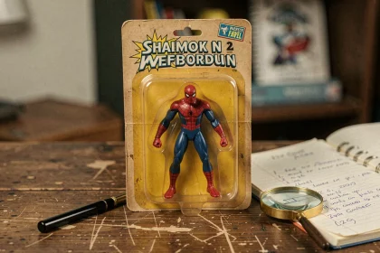 Figurine vintage Spider-Man en boîte originale sur un bureau en bois avec loupe et carnet d'estimation pour évaluer sa valeur de collection