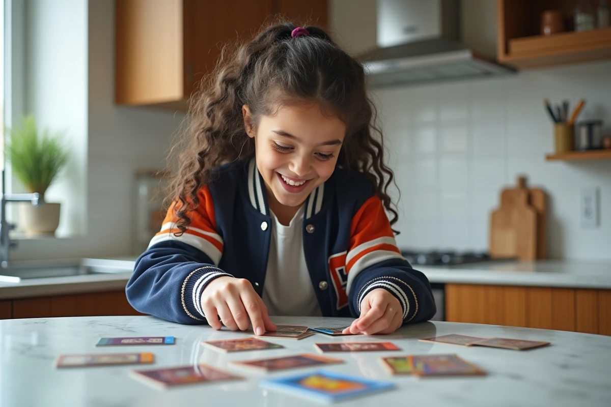 Adolescente jouant avec des cartes dans une cuisine lumineuse