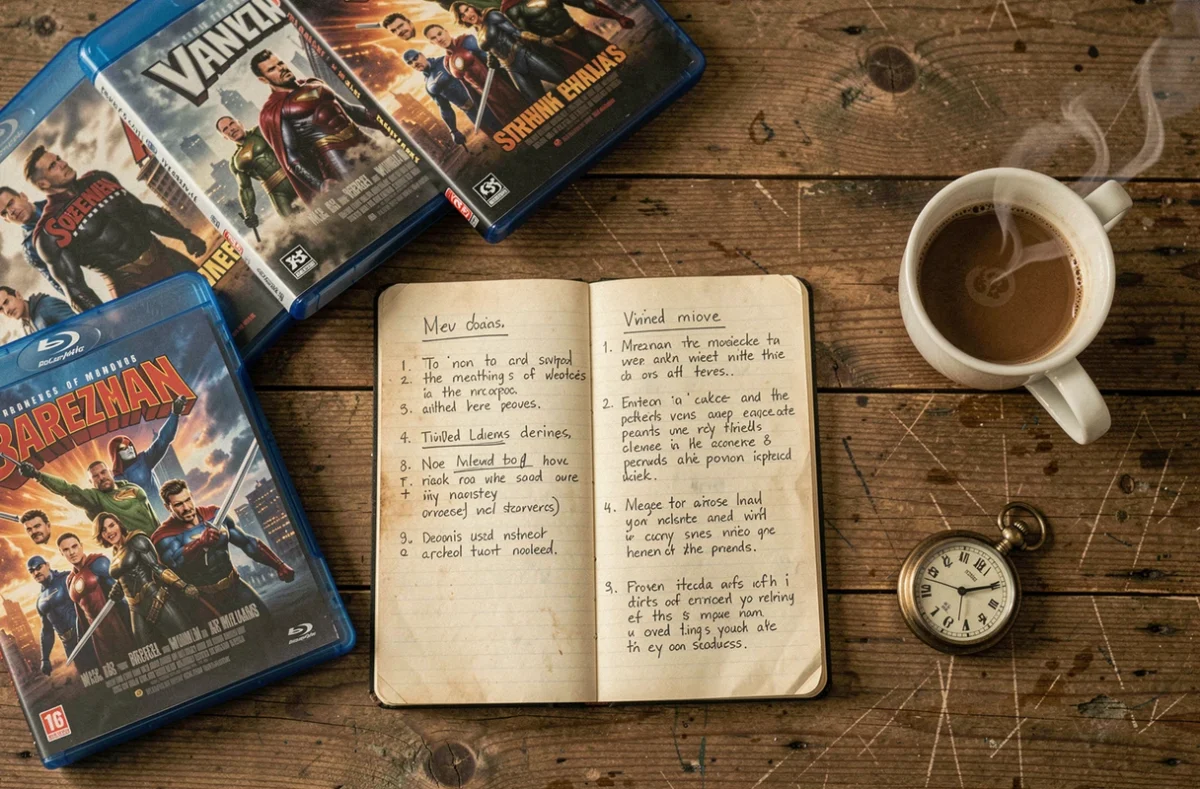 Flat lay d'une collection de films superhéros avec un carnet de notes chronologiques pour organiser l'ordre de visionnage