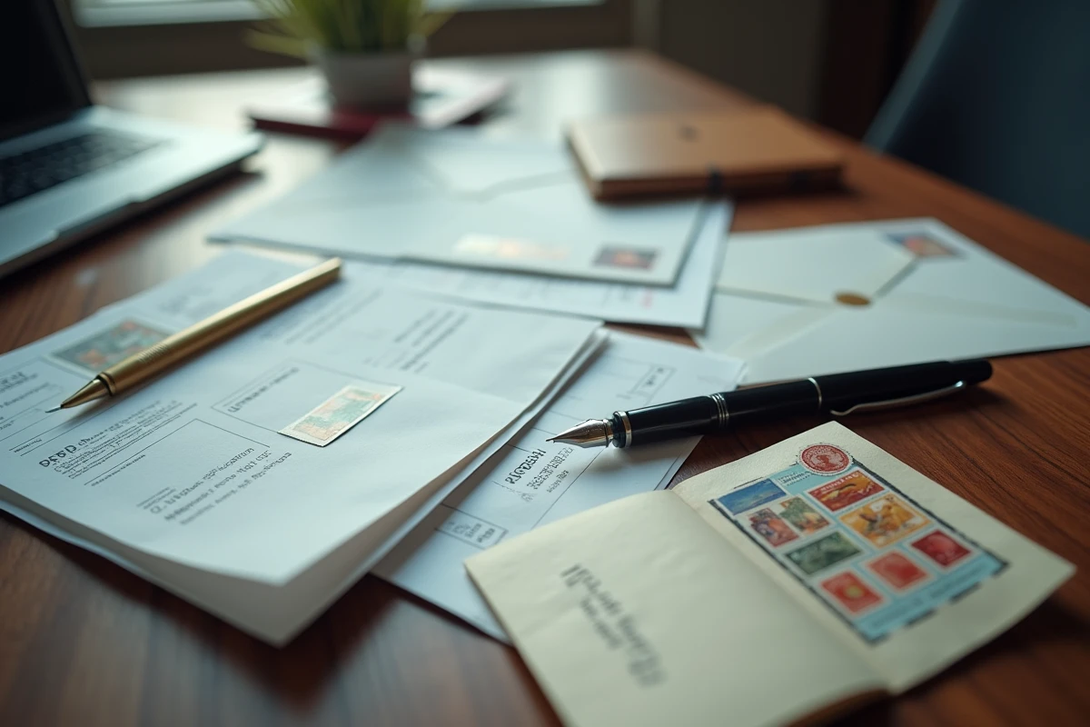 Vue de dessus d'un bureau avec enveloppes administratives, timbres postaux et note manuscrite sur la nouvelle tarification 2026