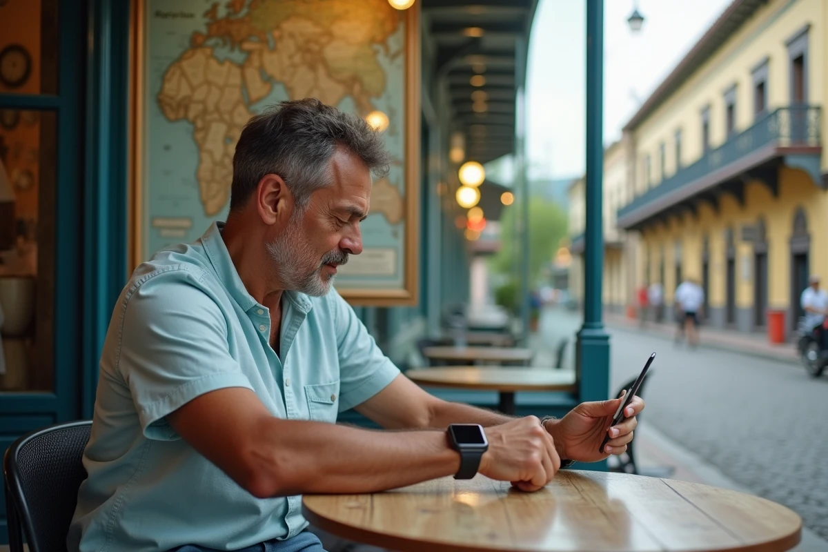 Homme consultant sa montre connectée dans un café de Saint-Denis de La Réunion avec une carte des fuseaux horaires de l'océan Indien visible en arrière-plan