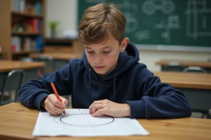 Jeune garçon dessinant un cercle en classe de mathématiques