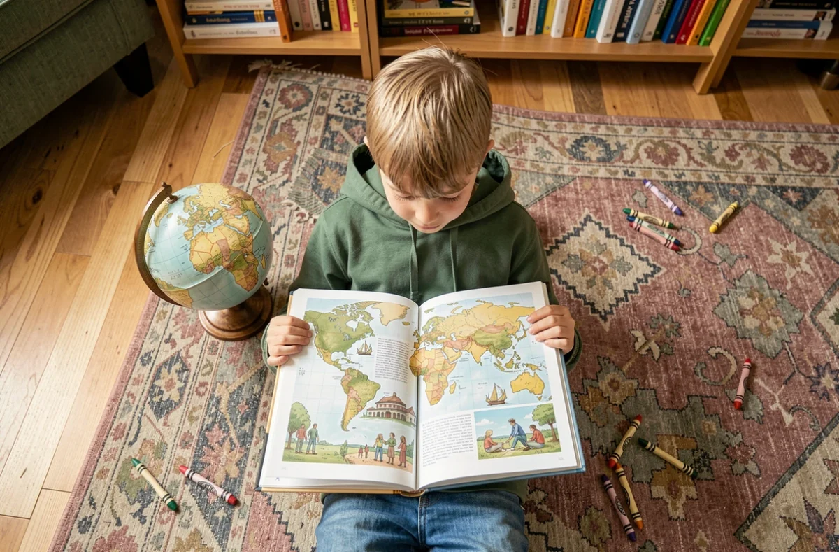 Garçon lisant un livre de géographie illustré sur la Russie allongé sur le sol, activité éducative pour enfants à la maison