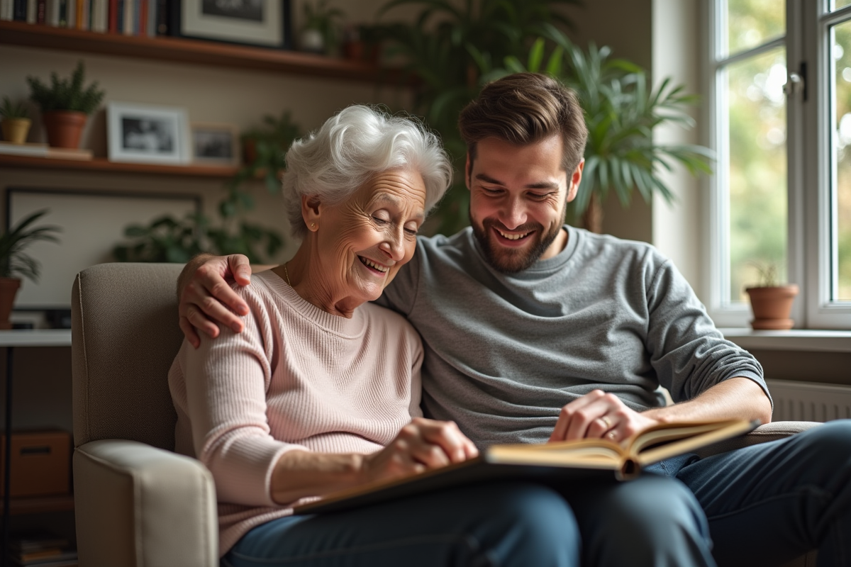 Grand-mère montrant un album photo à son petit-fils