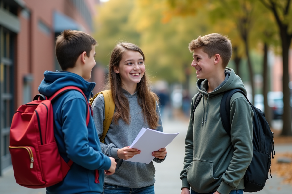 Trois adolescents discutent dehors devant l