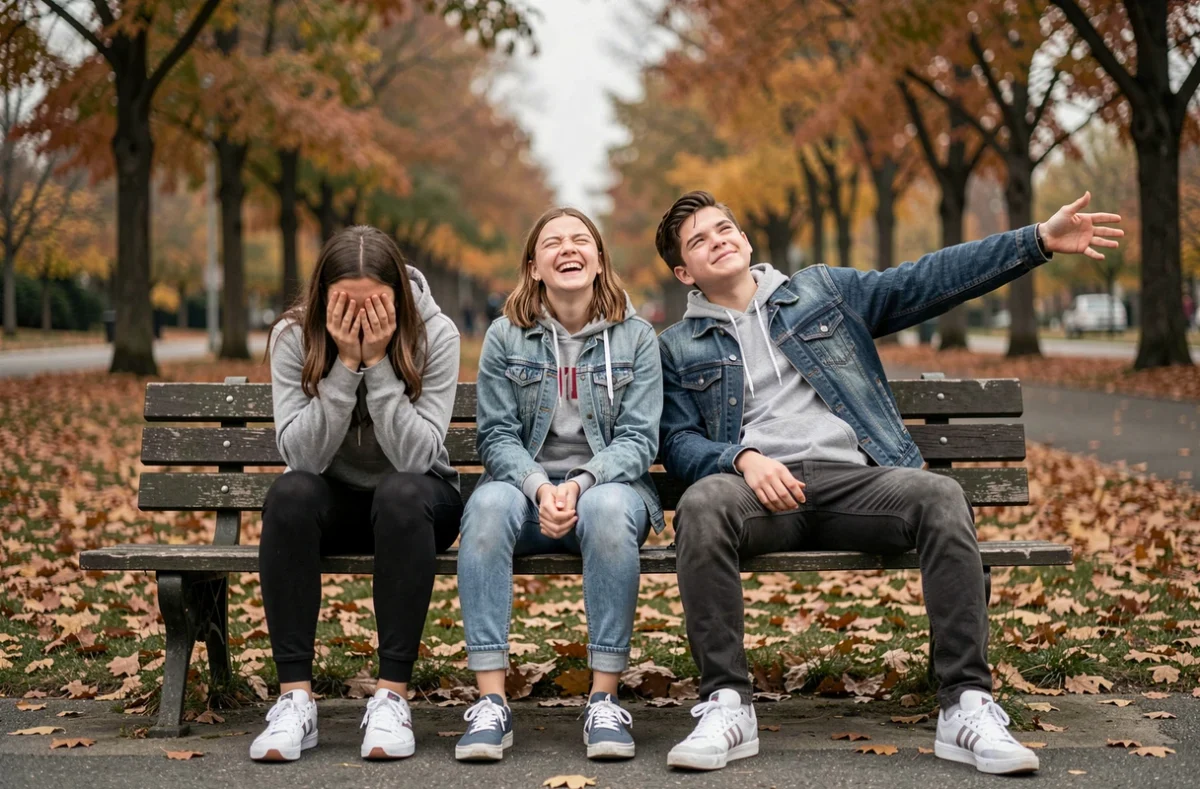 Groupe d'adolescents épuisés sur un banc de parc en automne, partageant un moment de frustration collective et d'humour