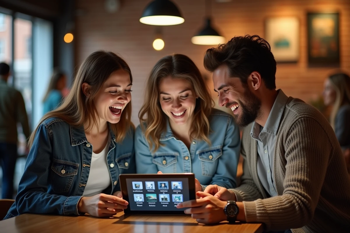 Groupe d'amis jouant à un quiz visuel sur les peintures les plus connues autour d'une tablette dans un café
