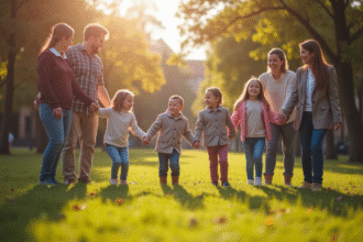 Groupe divers d'adultes et enfants souriant dans un parc