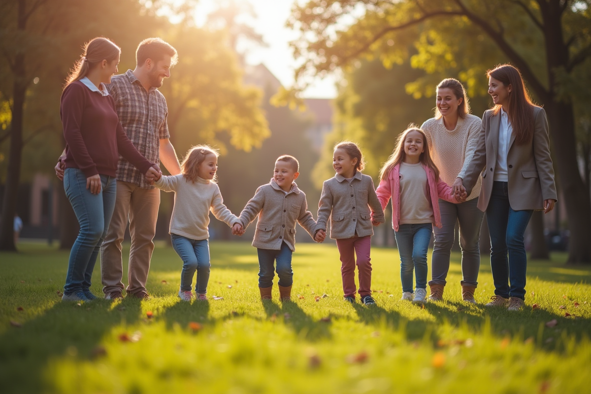 Groupe divers d'adultes et enfants souriant dans un parc