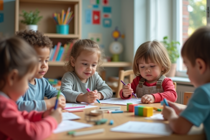 Groupe d'enfants d'âge préscolaire dans une classe colorée