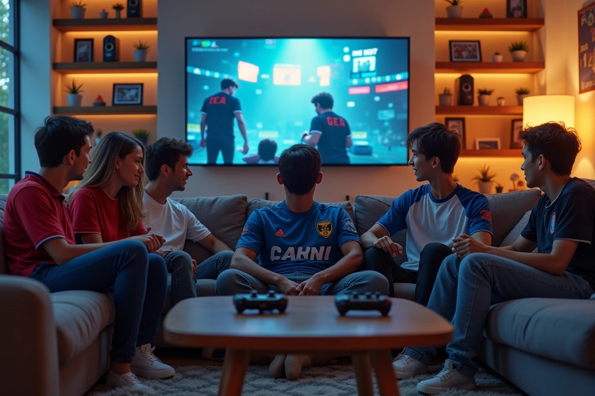 Groupe de jeunes gamers regardant un résumé de jeu