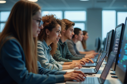 Groupe de jeunes adultes collaborant dans un laboratoire informatique