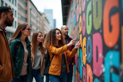 Groupe de jeunes adultes devant un mural coloré en ville