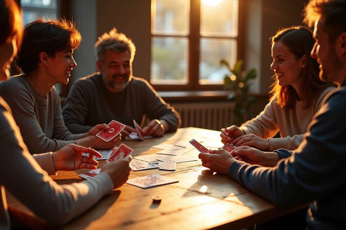 Groupe de quatre personnes jouant à la belote autour d'une table ensoleillée