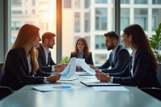 Groupe de personnes en réunion d'affaires échangeant des documents