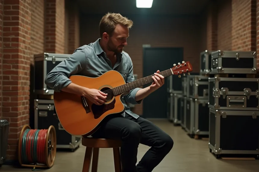 Guitariste des coulisses de l'émission N'oubliez pas les paroles accordant sa guitare acoustique dans un couloir backstage