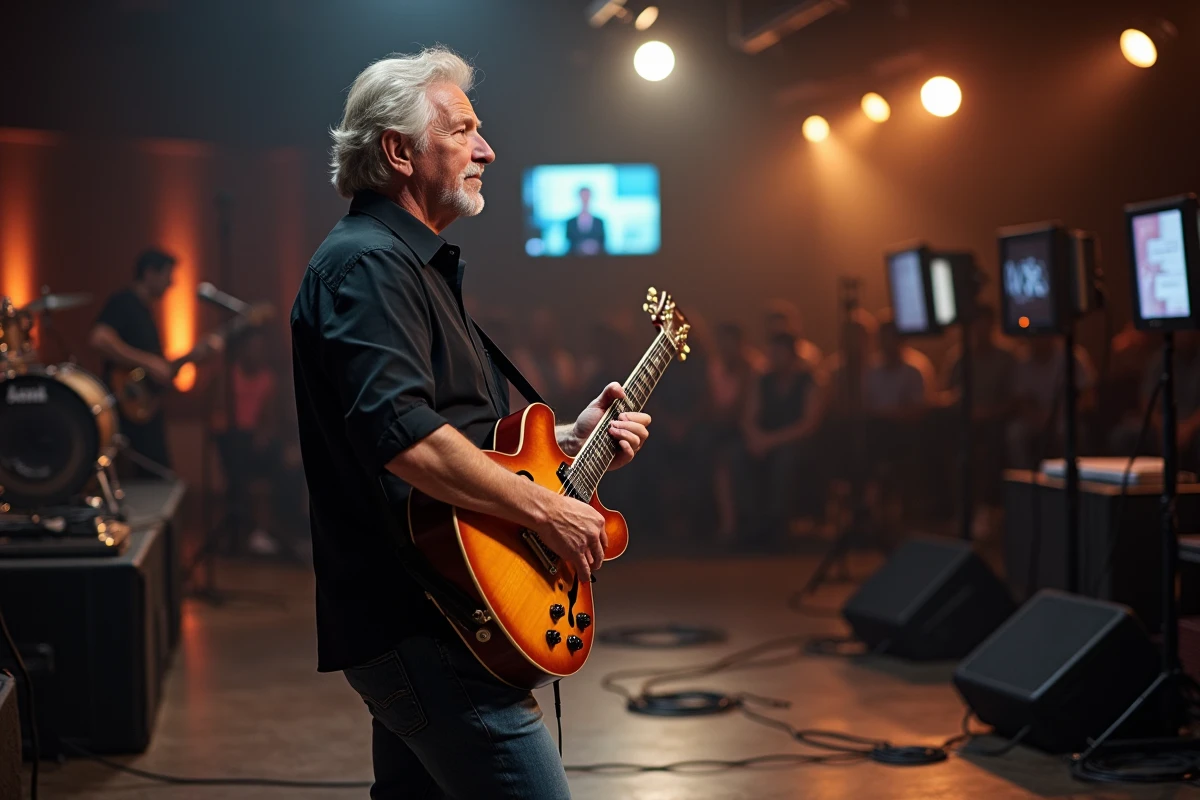Guitariste professionnel observant les coulisses du plateau télévisé de N'oubliez pas les paroles depuis les bords de scène