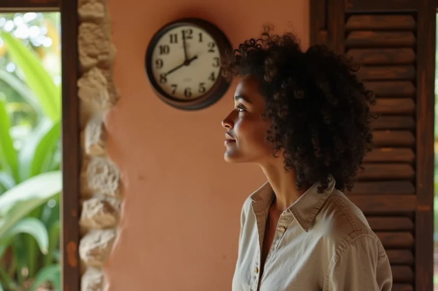 Femme réunionnaise regardant une horloge murale analogique dans une maison créole traditionnelle avec volets en bois ouverts sur la végétation tropicale