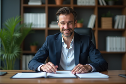 Homme d'affaires confiant en costume bleu dans un bureau