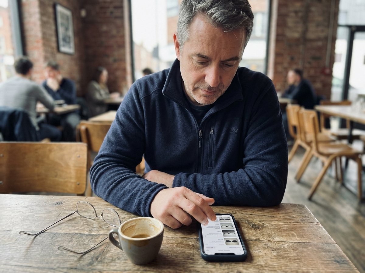 Homme consultant des annonces de lunettes d'occasion sur smartphone dans un café, avec une paire de lunettes rayées posée sur la table